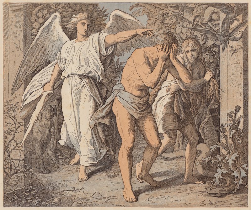 Adam och Eva fördrivna ur paradiset, Första Mosebok, III, 23, 24 (kolorerad gravyr) av Julius (after) Schnorr von Carolsfeld