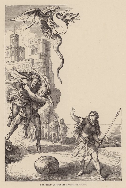 Brunhild i strid med Gunther (gravyr) av Julius (after) Schnorr von Carolsfeld
