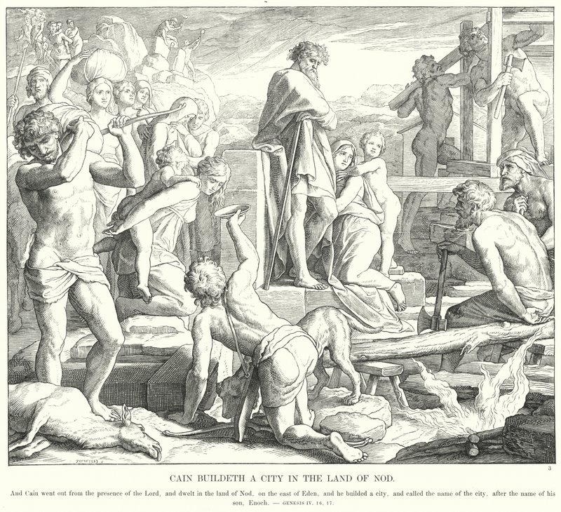 Kain bygger en stad i landet Nod (gravyr) av Julius (after) Schnorr von Carolsfeld