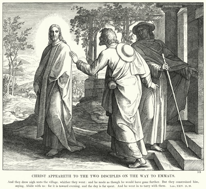Kristus visar sig för de två lärjungarna på vägen till Emmaus (gravyr) av Julius (after) Schnorr von Carolsfeld