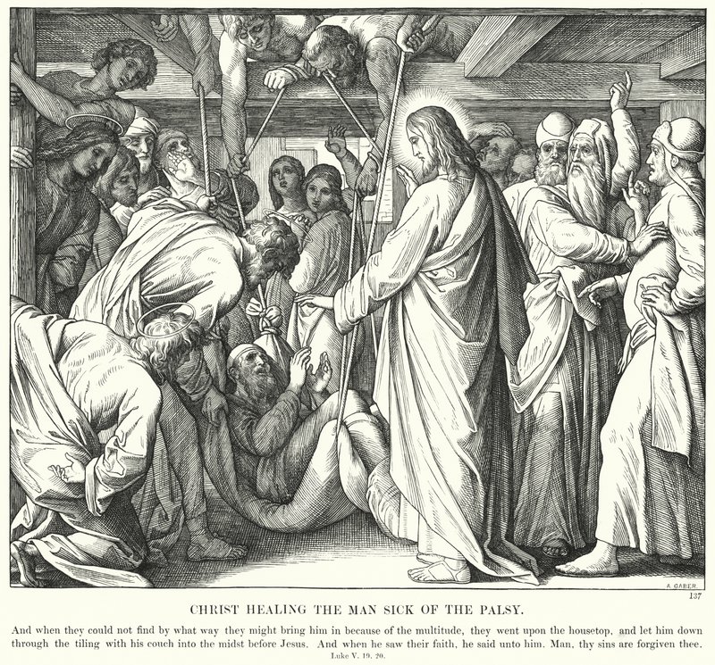 Kristus helar mannen som är förlamad (gravyr) av Julius (after) Schnorr von Carolsfeld