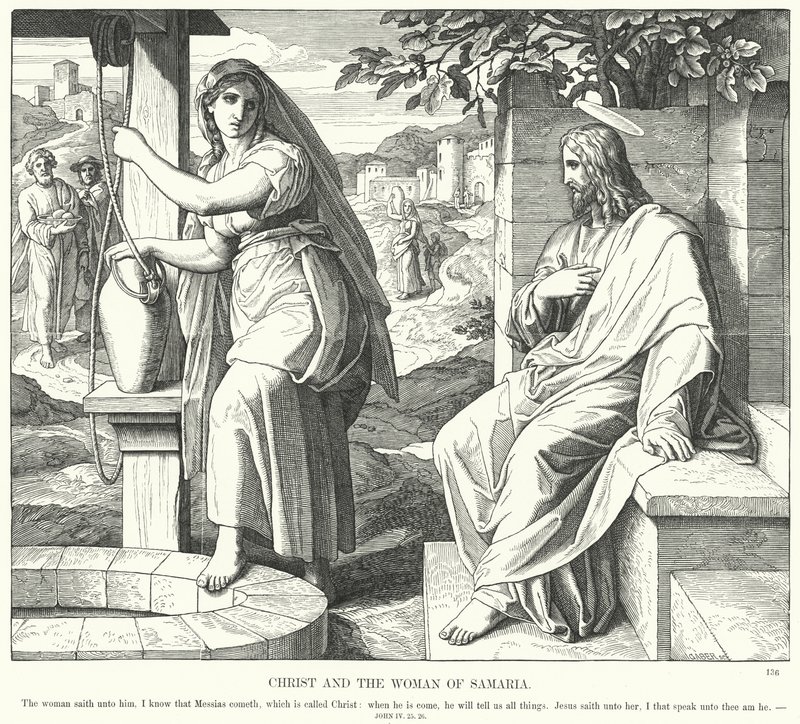 Kristus och Samariens kvinna (gravyr) av Julius (after) Schnorr von Carolsfeld