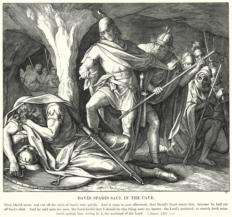 David skonar Saul i grottan (gravyr) av Julius (after) Schnorr von Carolsfeld