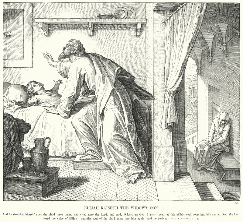Elia uppfostrar änkans son (gravyr) av Julius (after) Schnorr von Carolsfeld