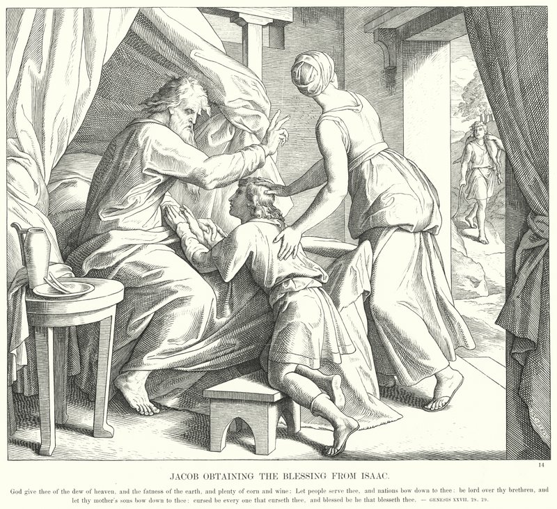 Jakob får välsignelsen från Isak (gravyr) av Julius (after) Schnorr von Carolsfeld