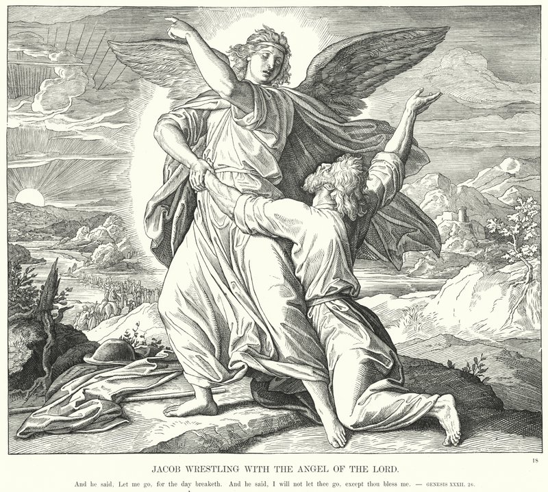 Jakob brottas med Herrens ängel (gravyr) av Julius (after) Schnorr von Carolsfeld