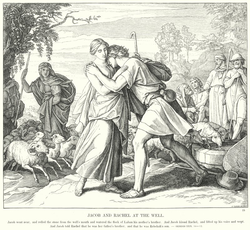 Jacob och Rachel vid brunnen (gravyr) av Julius (after) Schnorr von Carolsfeld