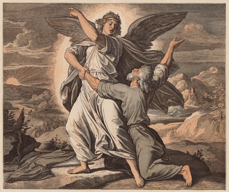 Jakob brottas med ängeln, Första Moseboken, XXXII, 26 (gravyr i färg) av Julius (after) Schnorr von Carolsfeld