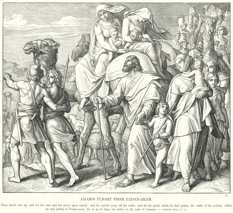 Jakobs flykt från Padan-Aram (gravyr) av Julius (after) Schnorr von Carolsfeld