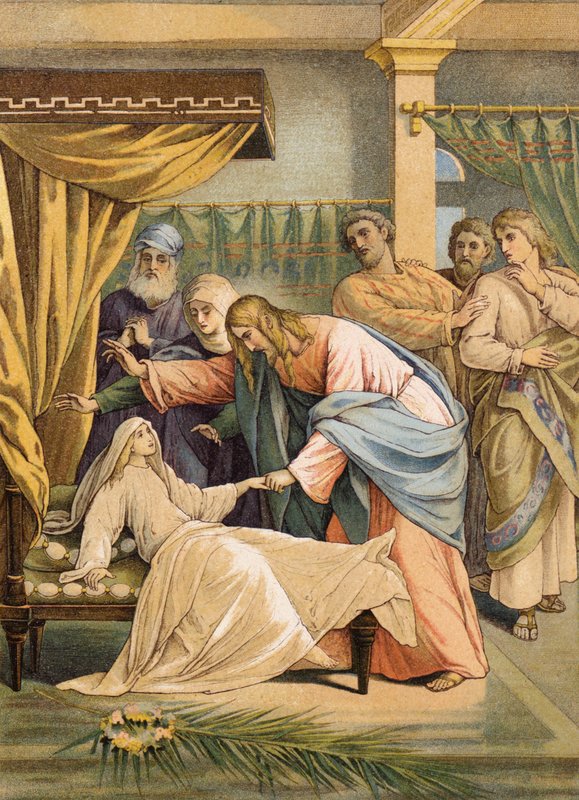 Jesus och Jairus dotter (färglitografi) av Julius (after) Schnorr von Carolsfeld