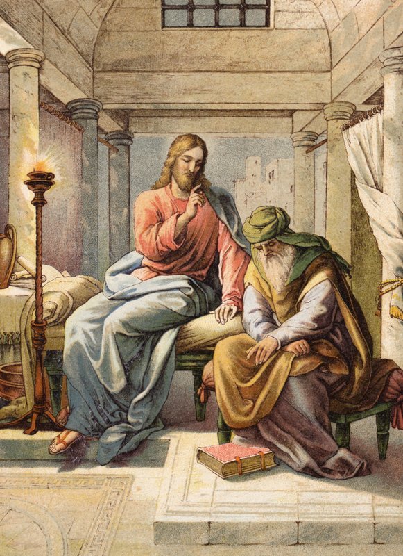 Jesus och Nikodemus (färglitografi) av Julius (after) Schnorr von Carolsfeld