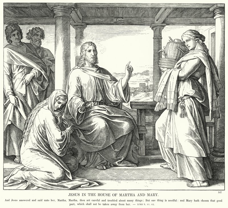 Jesus i huset av Marta och Maria (gravyr) av Julius (after) Schnorr von Carolsfeld
