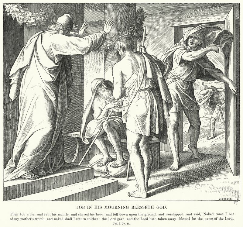 Job i sin sorg välsignar Gud (gravyr) av Julius (after) Schnorr von Carolsfeld