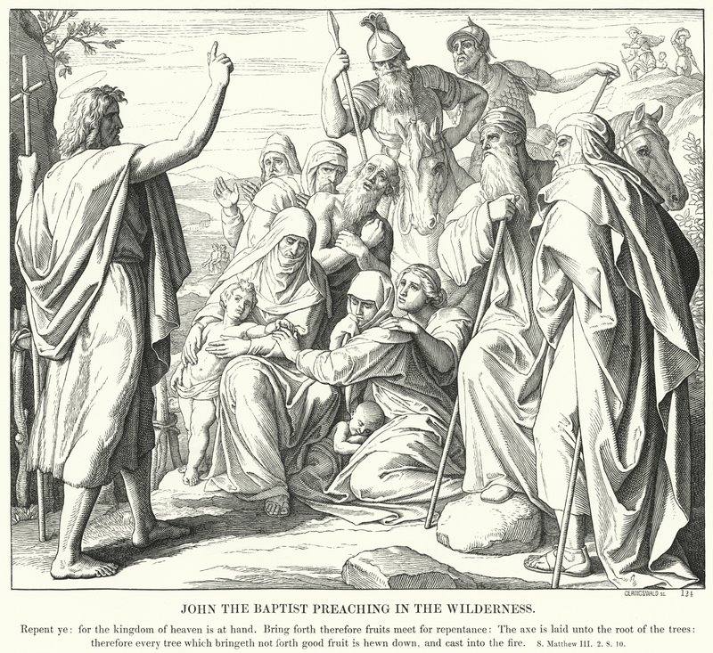 Johannes Döparen predikar i öknen (gravyr) av Julius (after) Schnorr von Carolsfeld