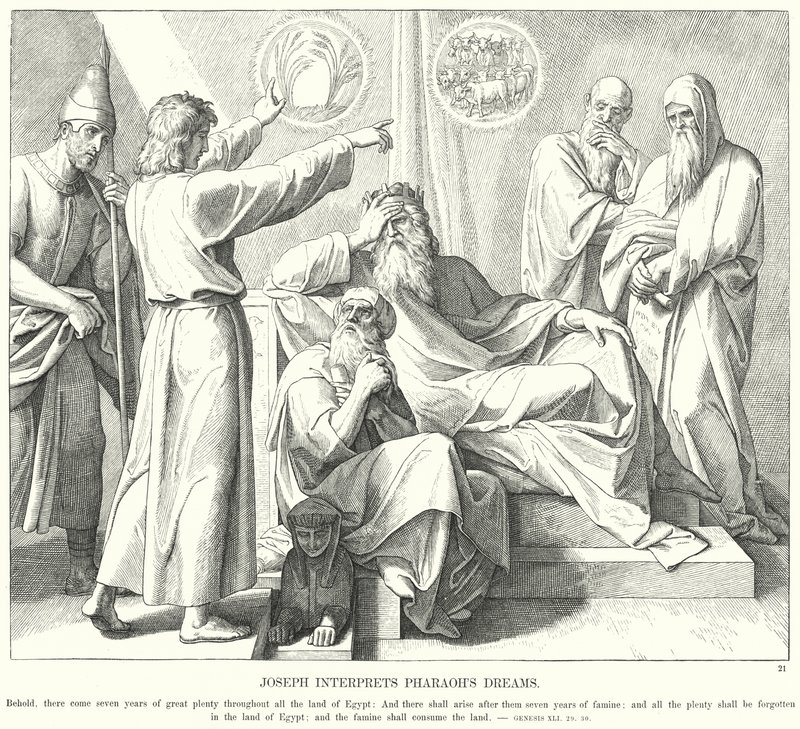 Josef tolkar faraos drömmar (gravyr) av Julius (after) Schnorr von Carolsfeld