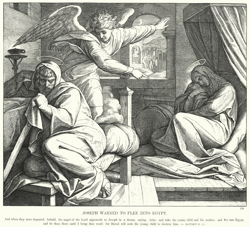 Joseph varnade att fly till Egypten (gravyr) av Julius (after) Schnorr von Carolsfeld