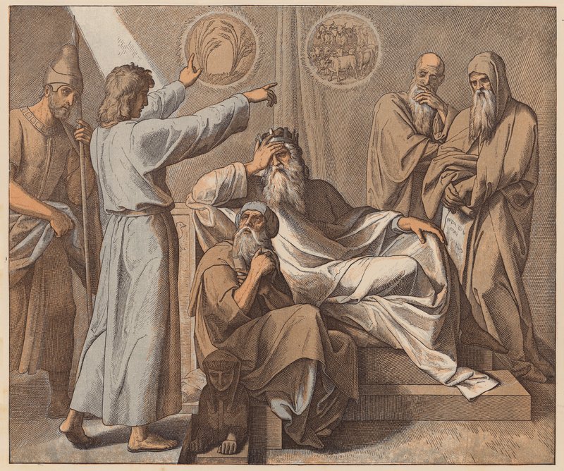 Josef tolkar faraos drömmar, 1 Mosebok, XLI, 25 (kolorerad gravyr) av Julius (after) Schnorr von Carolsfeld