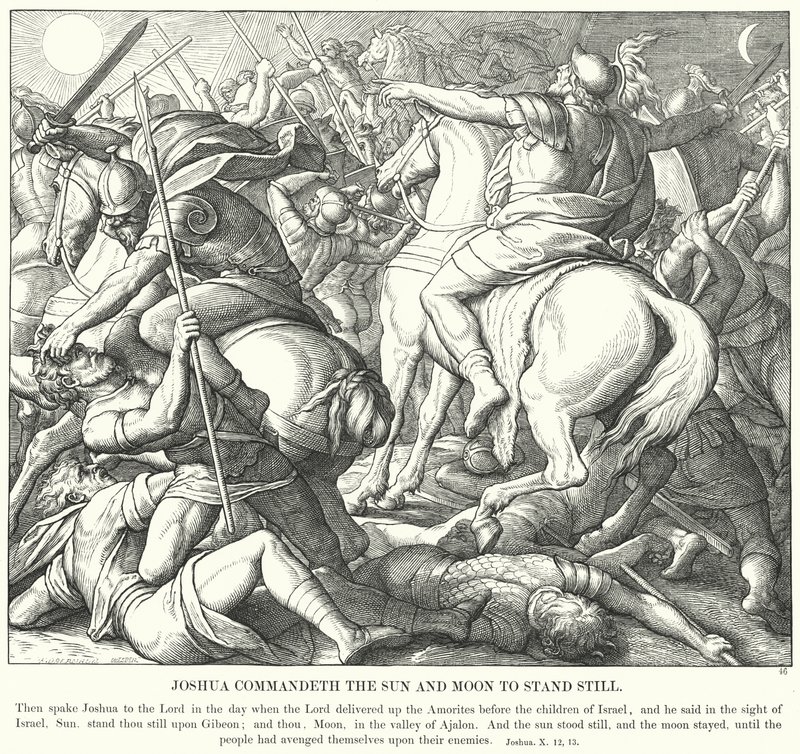 Joshua befaller solen och månen att stå stilla (gravyr) av Julius (after) Schnorr von Carolsfeld