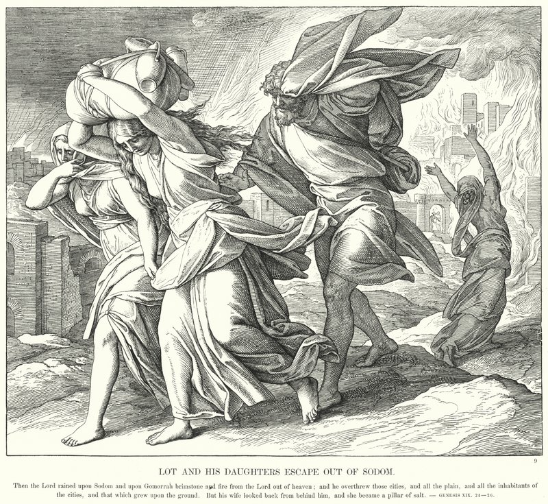 Lot och hans döttrar flyr ut ur Sodom (gravyr) av Julius (after) Schnorr von Carolsfeld