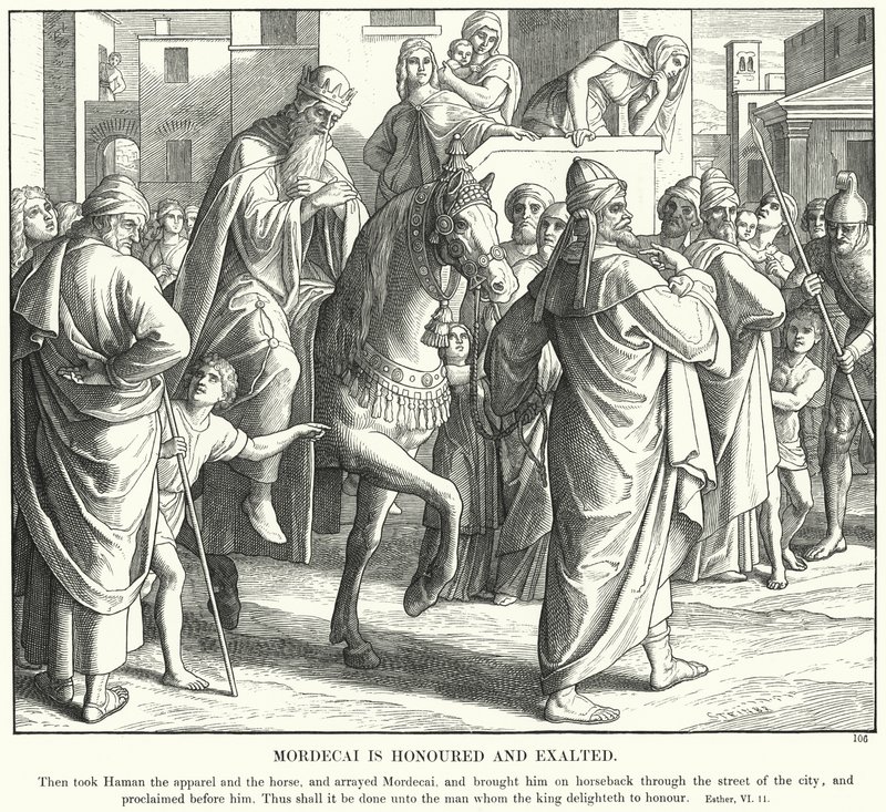 Mordokai är hedrad och upphöjd (gravyr) av Julius (after) Schnorr von Carolsfeld