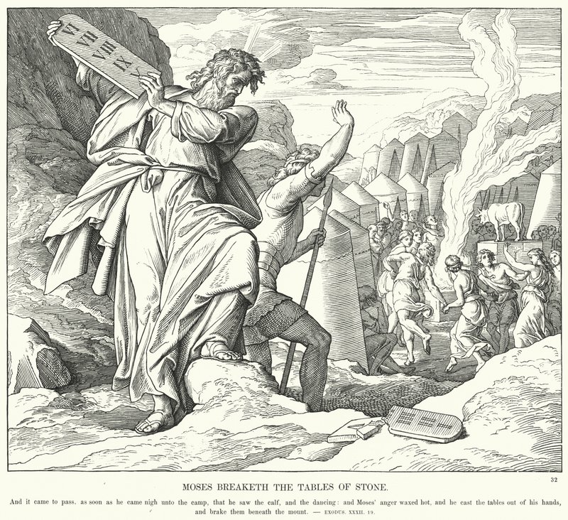 Moses bryter stentabellerna (gravyr) av Julius (after) Schnorr von Carolsfeld