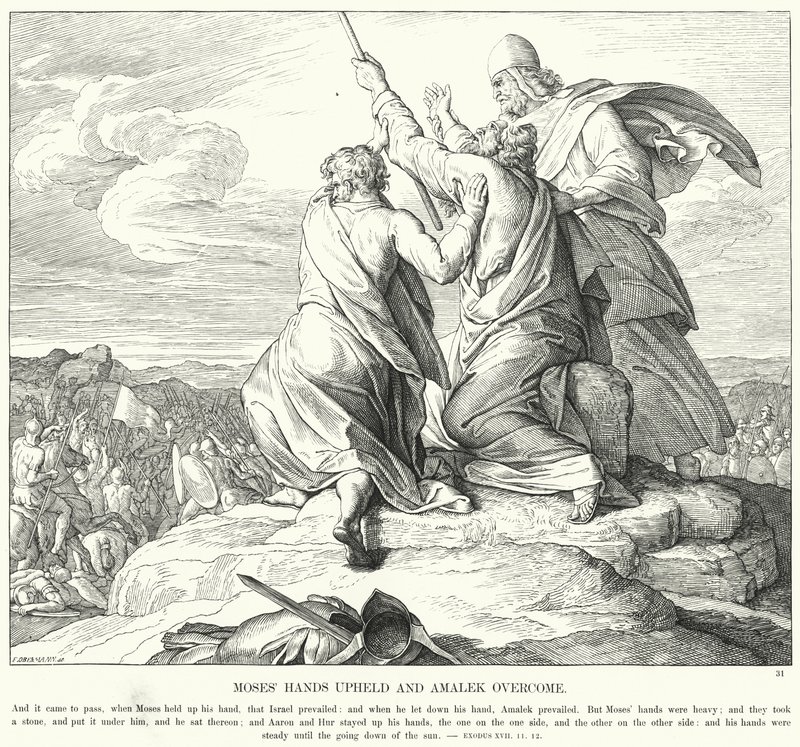 Moses händer upprätthållna och Amalek övervinner (gravyr) av Julius (after) Schnorr von Carolsfeld
