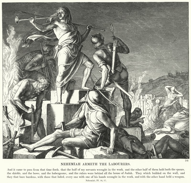 Arbetarna Nehemiah Armeth (gravyr) av Julius (after) Schnorr von Carolsfeld