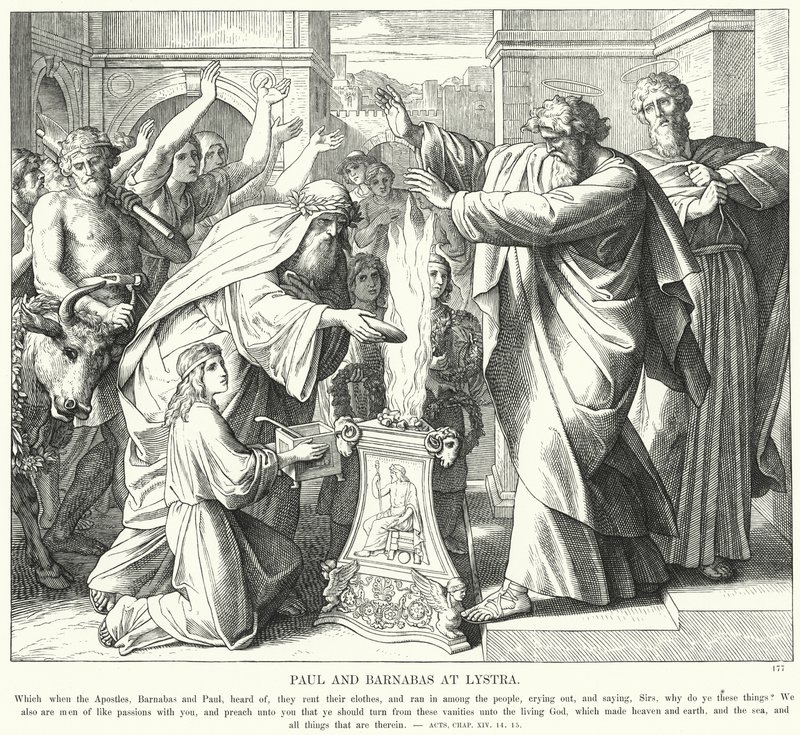 Paulus och Barnabas i Lystra (gravyr) av Julius (after) Schnorr von Carolsfeld