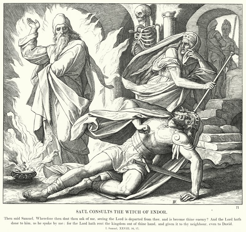 Saul konsulterar häxan från Endor (gravyr) av Julius (after) Schnorr von Carolsfeld