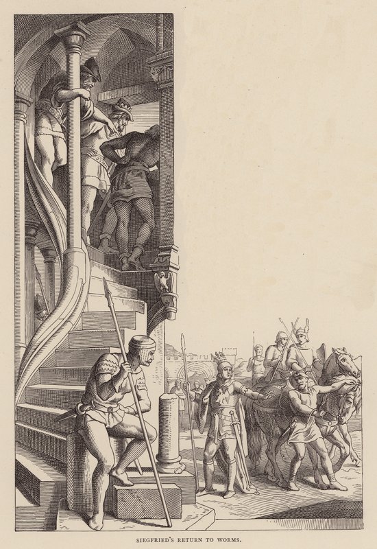 Siegfrieds återkomst till Worms (gravyr) av Julius (after) Schnorr von Carolsfeld
