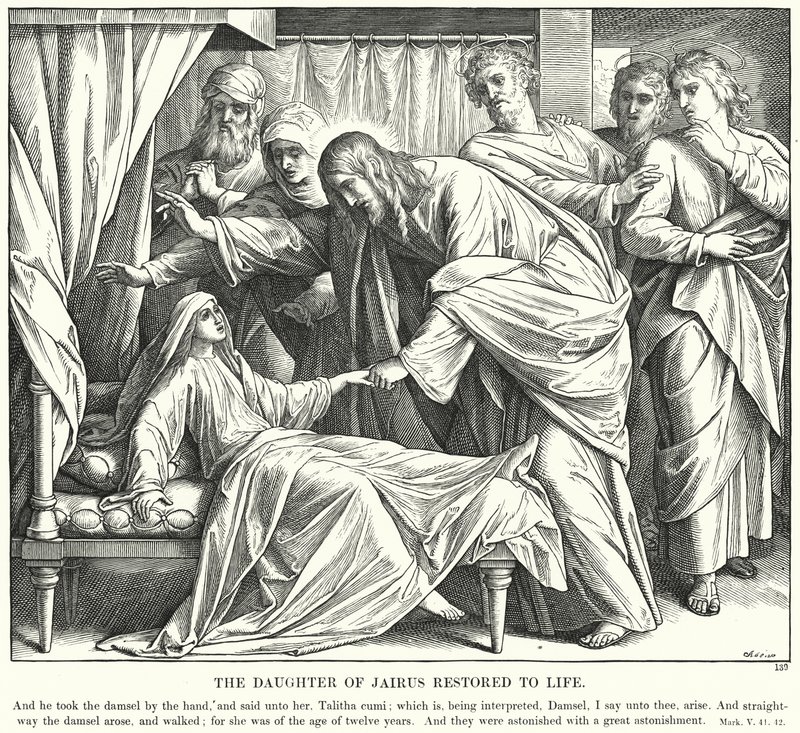 Jairus dotter återupprättad till liv (gravyr) av Julius (after) Schnorr von Carolsfeld