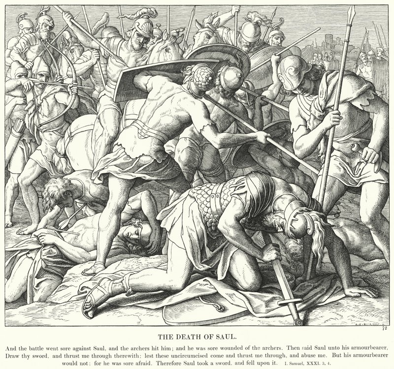 Sauls död (gravyr) av Julius (after) Schnorr von Carolsfeld