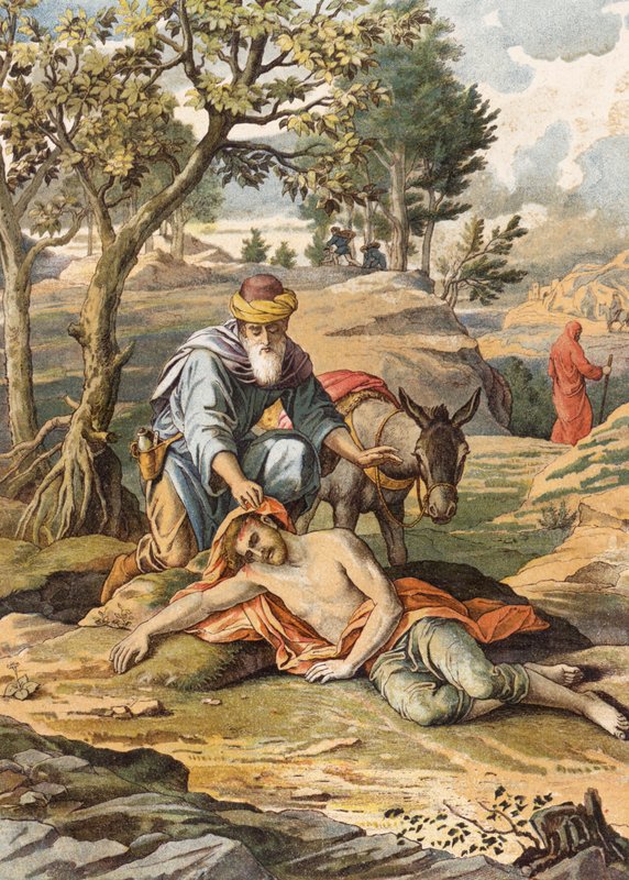 Den barmhärtige samariten (färglitografi) av Julius (after) Schnorr von Carolsfeld