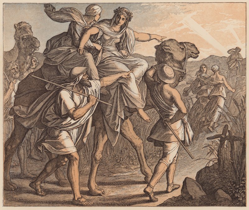 Mötet mellan Isak och Rebecka, Första Moseboken, XXIV, 64 (kolorerad gravyr) av Julius (after) Schnorr von Carolsfeld
