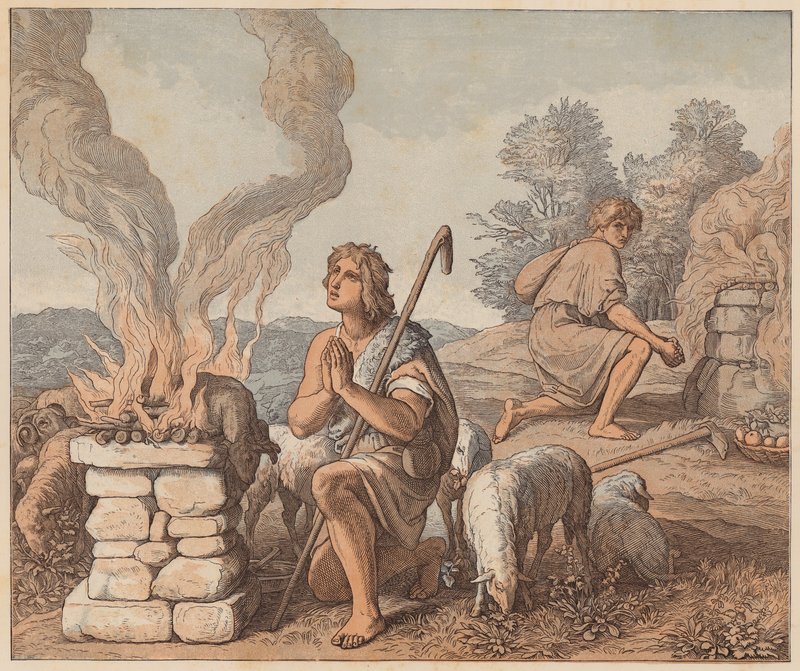 Kains och Abels offergåvor, Första Mosebok, IV, 3, 4 (gravyr i färg) av Julius (after) Schnorr von Carolsfeld