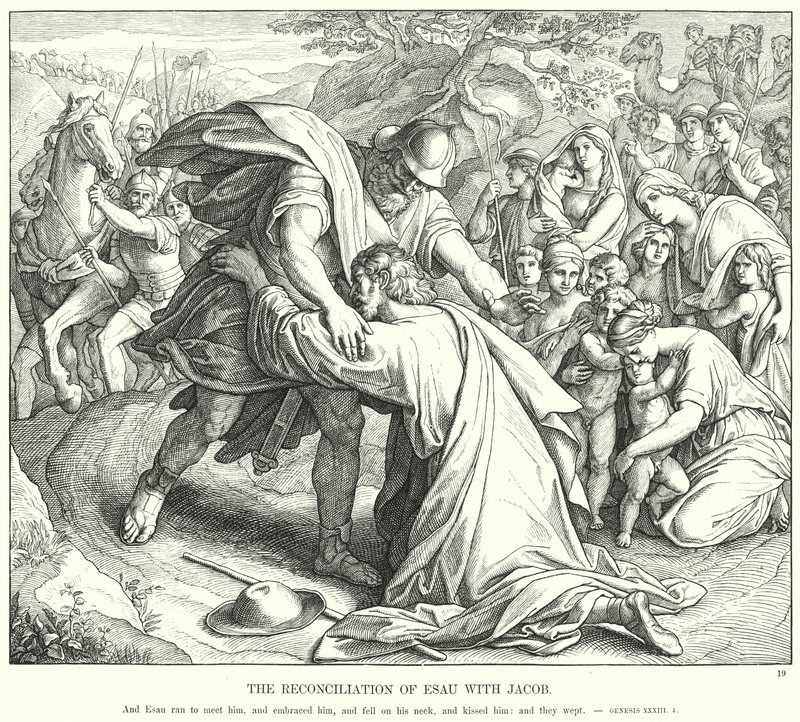 Esaus försoning med Jakob (gravyr) av Julius (after) Schnorr von Carolsfeld