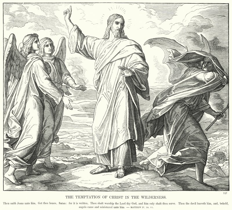 Kristi frestelse i vildmarken (gravyr) av Julius (after) Schnorr von Carolsfeld