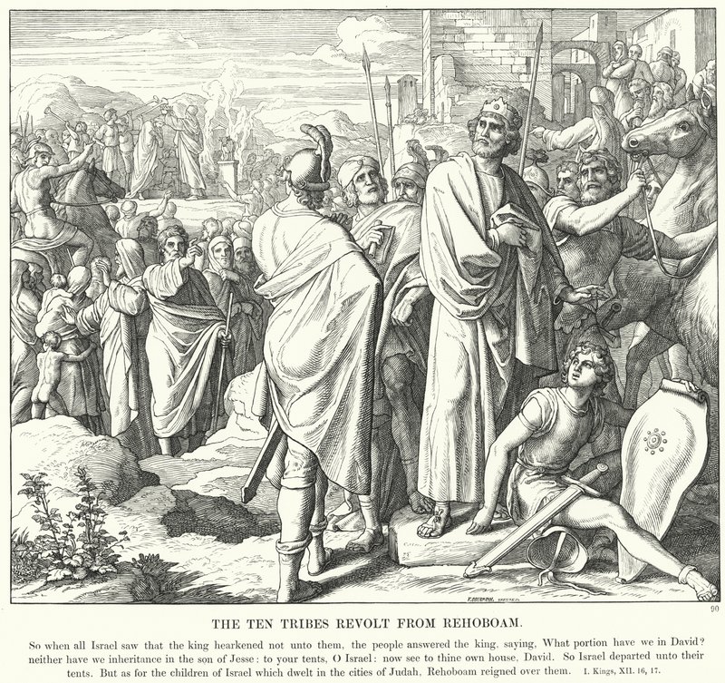 De tio stammarna gör uppror från Rehabeam (gravyr) av Julius (after) Schnorr von Carolsfeld