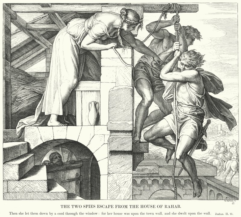 De två spionerna flyr från huset Rahab (gravyr) av Julius (after) Schnorr von Carolsfeld