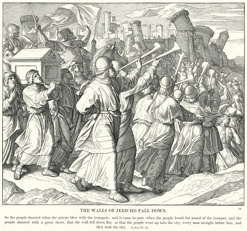 Jerikos murar faller ner (gravyr) av Julius (after) Schnorr von Carolsfeld