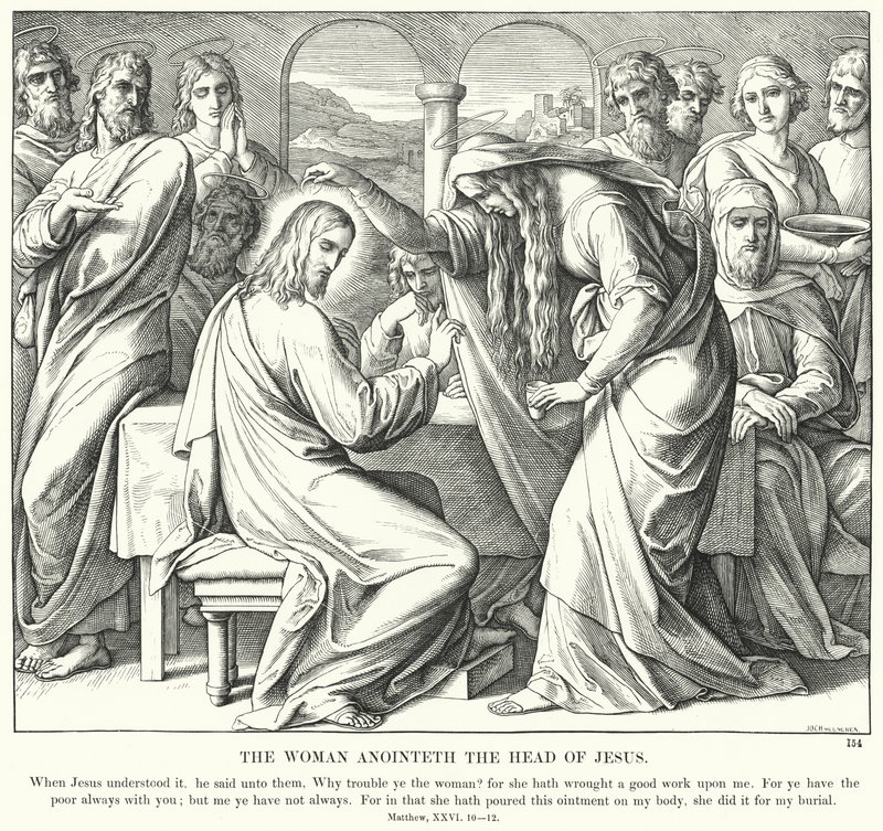 Kvinnan smörjer Jesu huvud (gravyr) av Julius (after) Schnorr von Carolsfeld