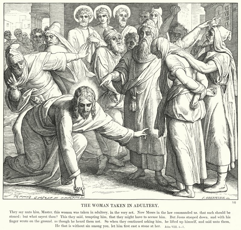 Kvinnan tagen i äktenskapsbrott (gravyr) av Julius (after) Schnorr von Carolsfeld