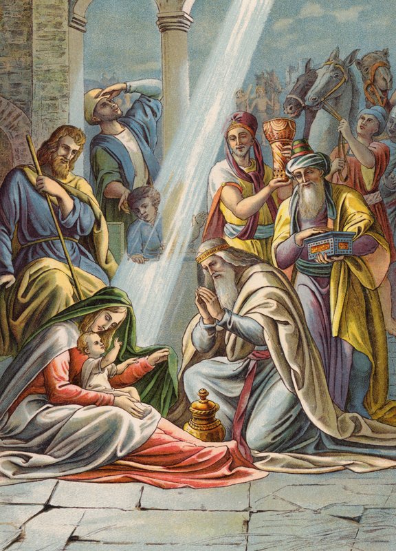 Tre vise män (färglitografi) av Julius (after) Schnorr von Carolsfeld