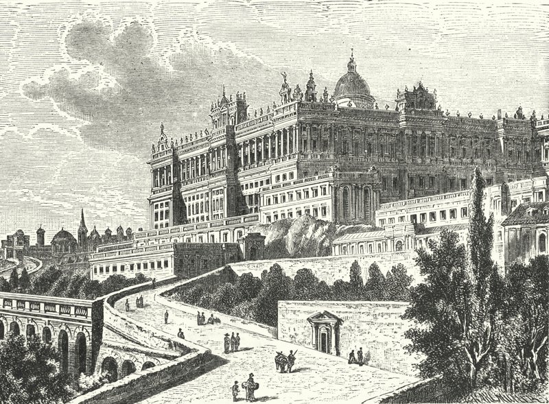 Kungliga palatset, Madrid, Spanien (gravyr) av Karl Muller