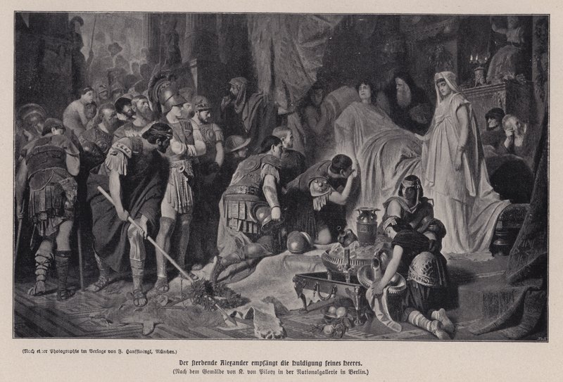 Den döende Alexander den store tar emot hyllningen av sin armé, Babylon, 323 f.Kr. (litho) av Karl Theodor von Piloty