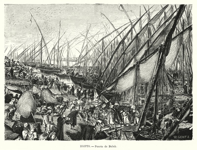 Kajer vid Nilen vid Bulaq, Kairo, Egypten (litho) av Karl Wilhelm Gentz