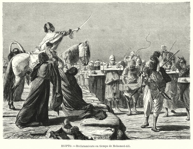 Rekrytering av soldater till den osmanska armén under Muhammad Alis tid, Khedive i Egypten (litho) av Karl Wilhelm Gentz