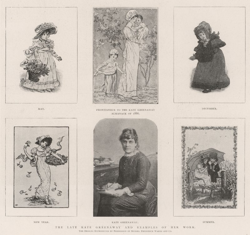 Den avlidna Kate Greenaway och exempel på hennes verk av Kate Greenaway