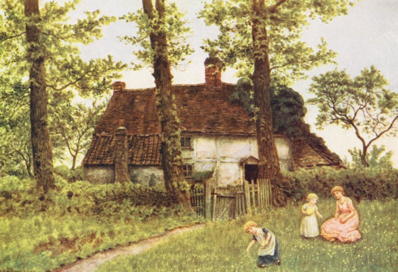 En stuga i Surrey (färglitografi) av Kate (after) Greenaway