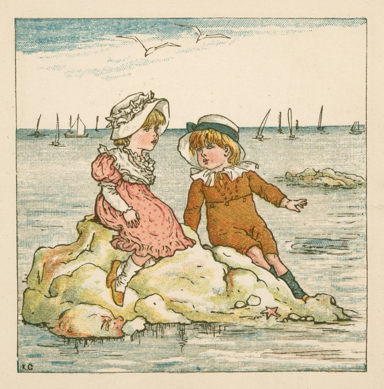 Pojke och flicka strandsatta på en sten (färg litho) av Kate (after) Greenaway